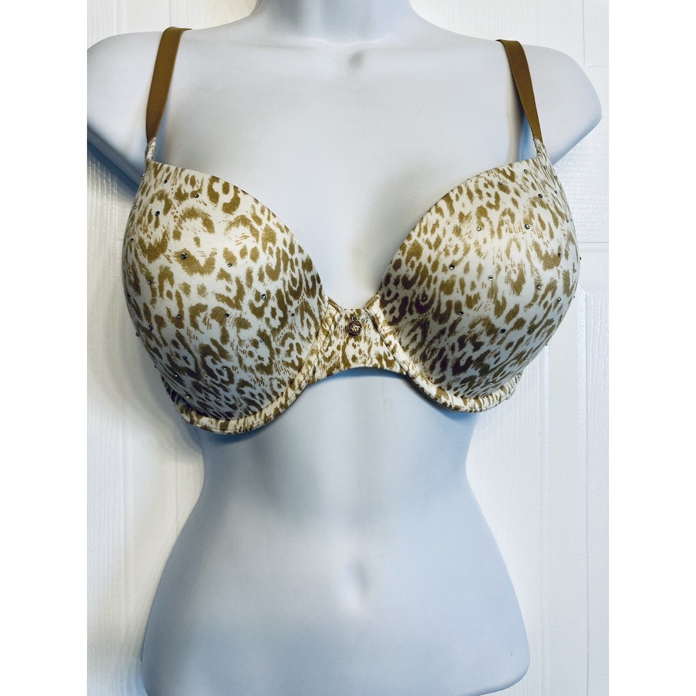 Victoria's Secret Bra Women 34D Tan Leopard Print Rhinestone Push Up Coquette